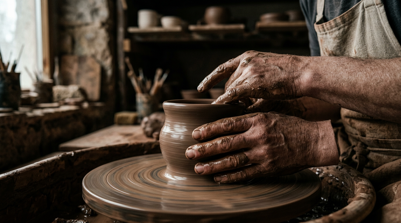 A close-up photograph of a potter's hands skillfully shaping a lump of wet clay on a pottery wheel, embodying focused effort and transformation.