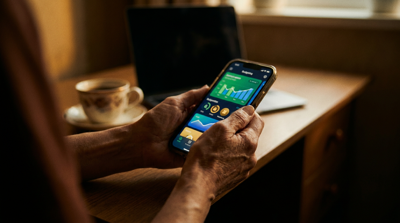 A person reviews their finances on a smartphone using the best AI budgeting app, with a clean and modern user interface on the screen.