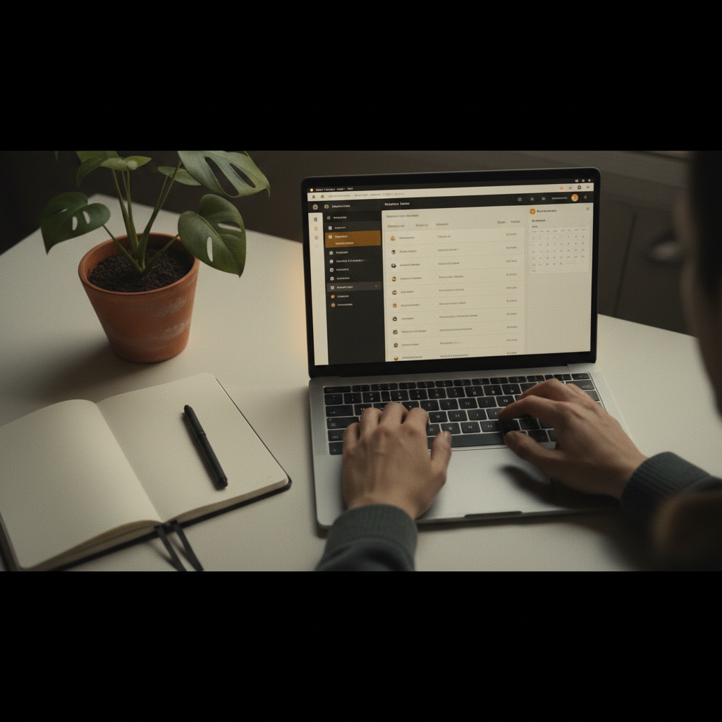 A person organizing their life on a laptop showing a Notion productivity hub, with a neat desk and natural light.