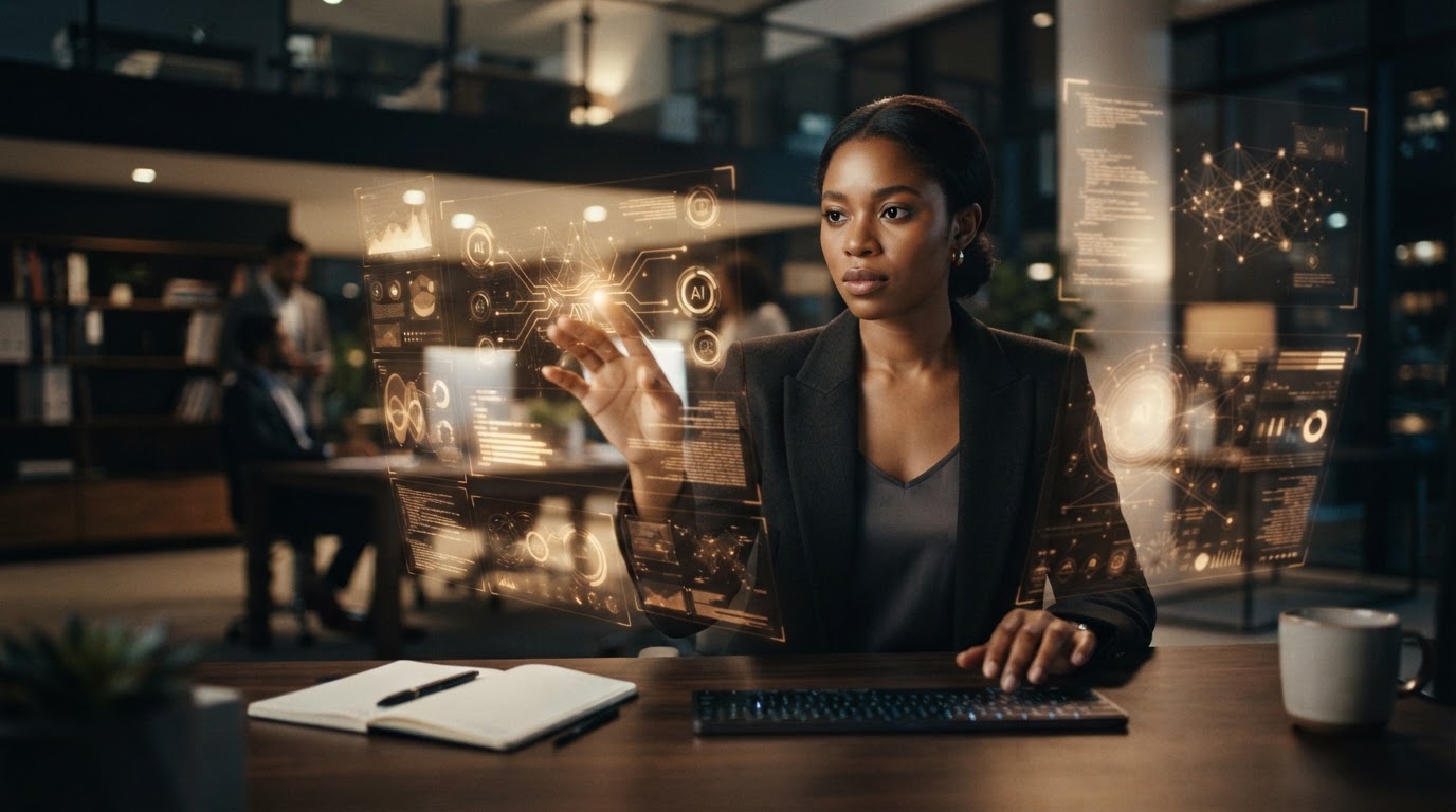 Woman engaging with AI interfaces for career advancement through rapid skill building.
