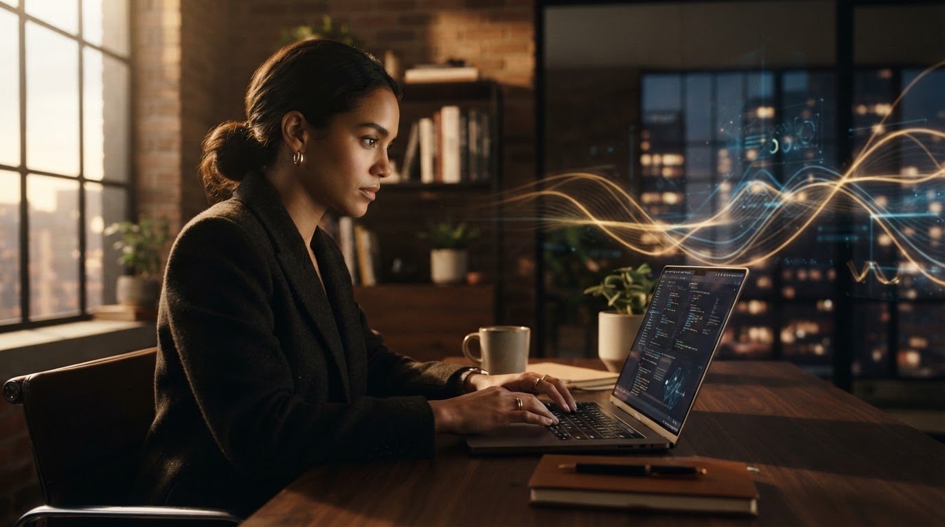 A person's hands typing on a laptop, surrounded by futuristic abstract digital elements, symbolizing the efficient use of AI productivity tools for deep work.