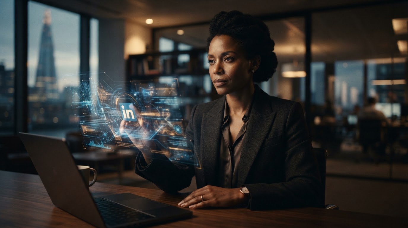 Professional observing a futuristic LinkedIn interface, symbolizing common LinkedIn personal branding mistakes avoidance.