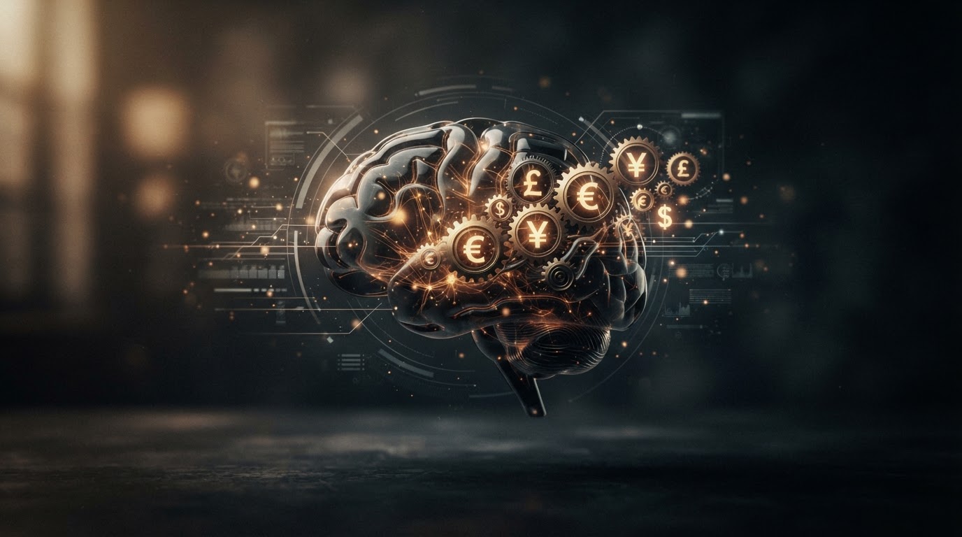 An illustration depicting the complex interplay of pricing psychology, showing thought processes and monetary values for digital subscription products.