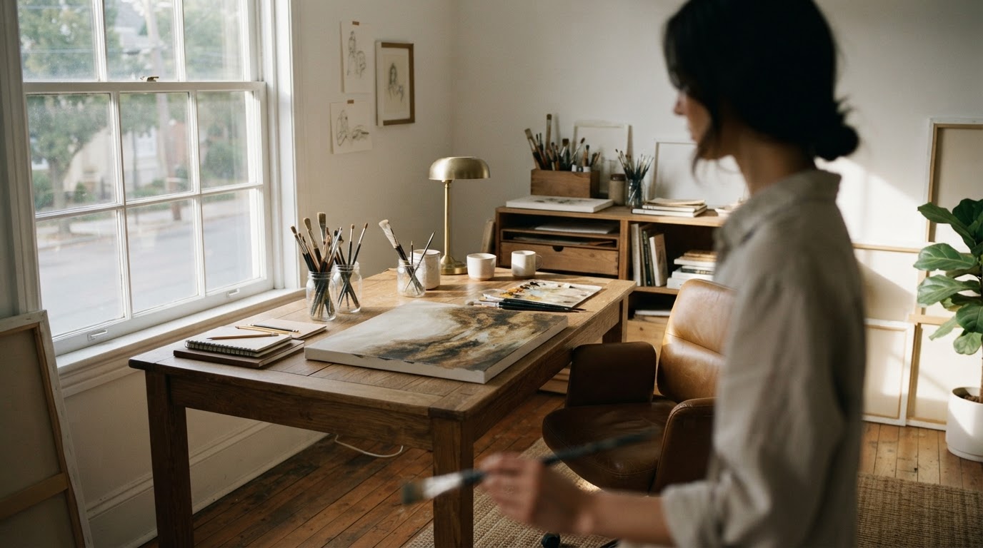 A peaceful and organized art studio, showcasing the ideal environment for a creator to establish a productive studio habit.