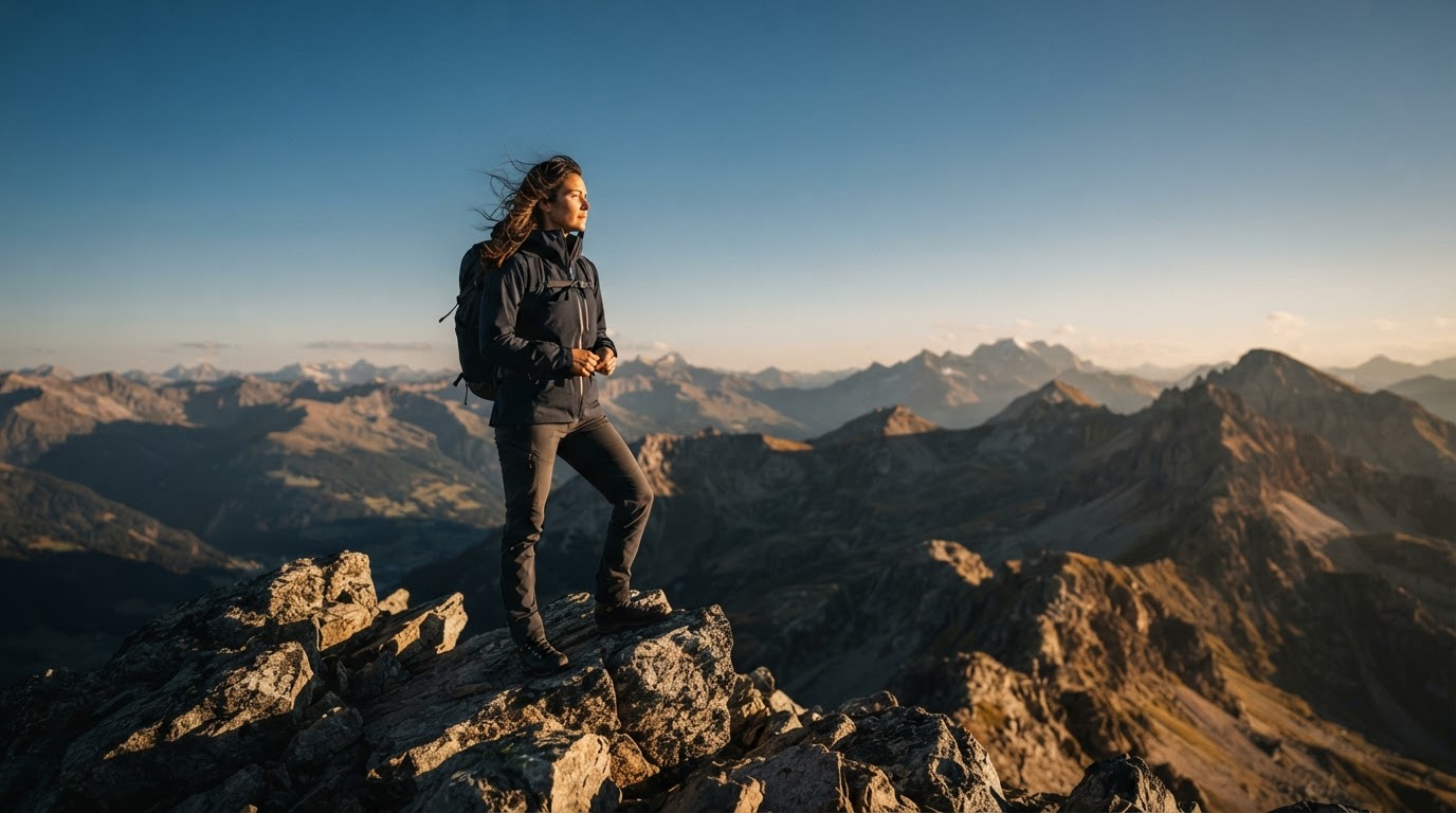 Panoramic view of a person at a mountain summit, representing the journey to build core belief confidence.